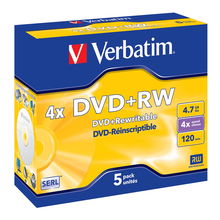 view Verbatim DVD+RW 4X 4.7GB Branded Surface DVD Discs - 5 Pack with Jewel Case
