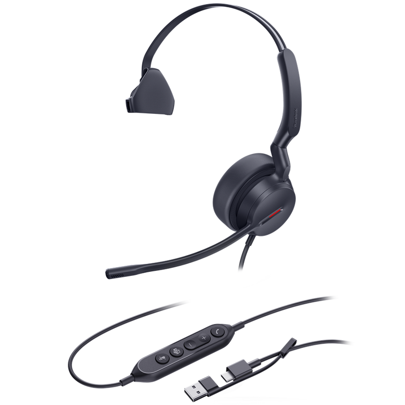 Yealink UH44 USB-C/USB-A Overhead Wired Mono Headset with Noise Cancelling - Certified for MS Teams