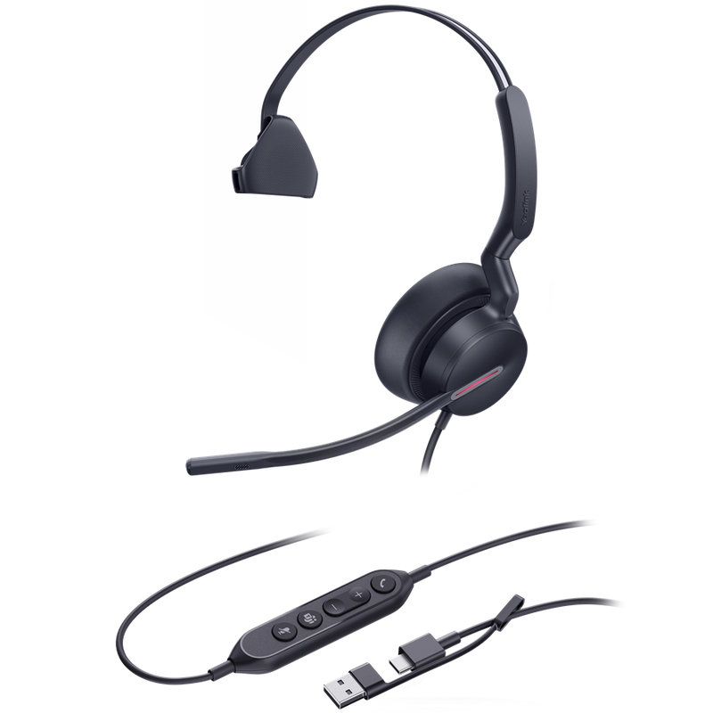 Yealink UH46 USB-C/USB-A Overhead Wired Mono Headset with Noise Cancelling - Certified for MS Teams